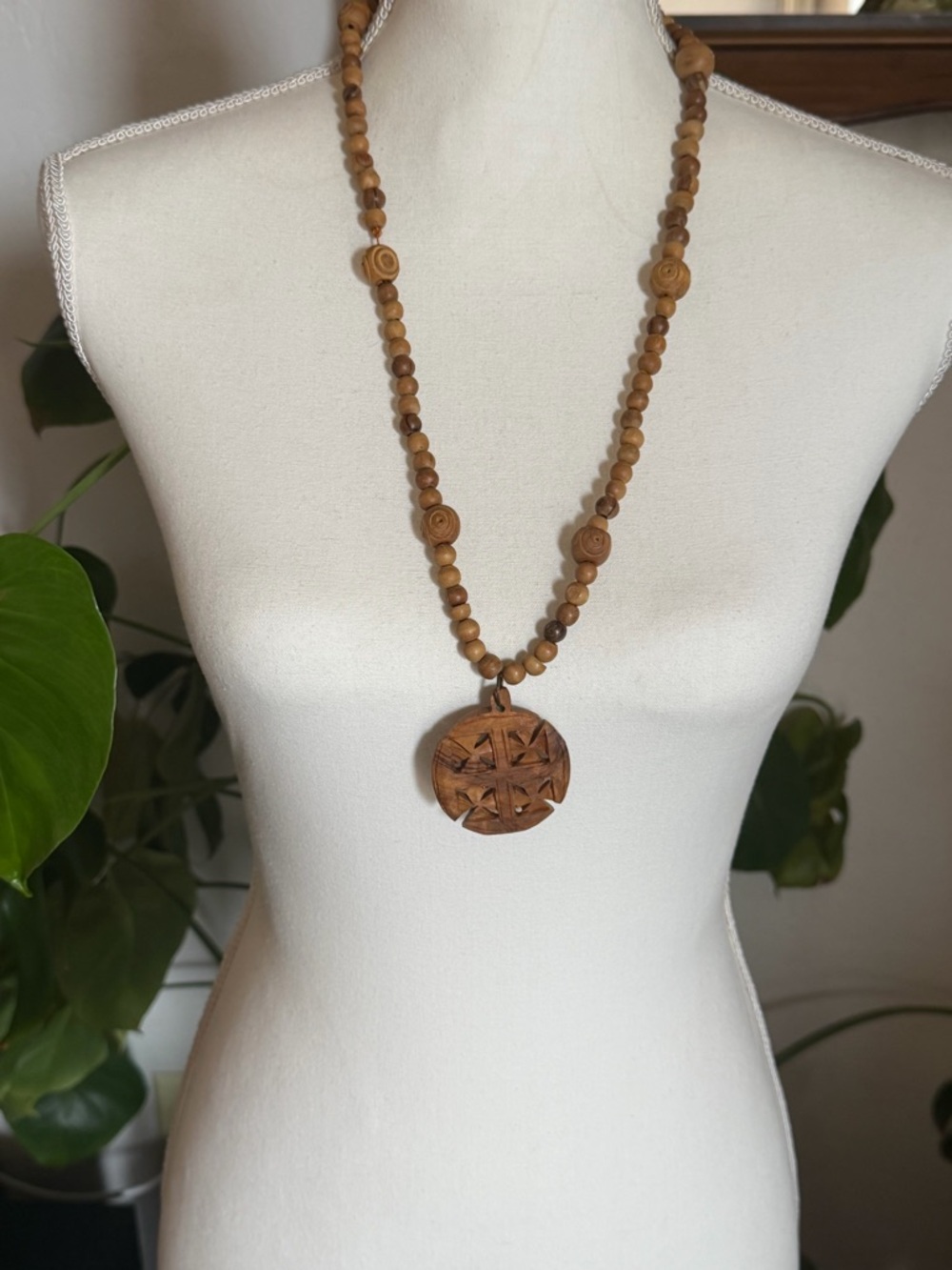 Vintage Hawaiian Koa Wood Hand Carved Beaded Surfer Necklace